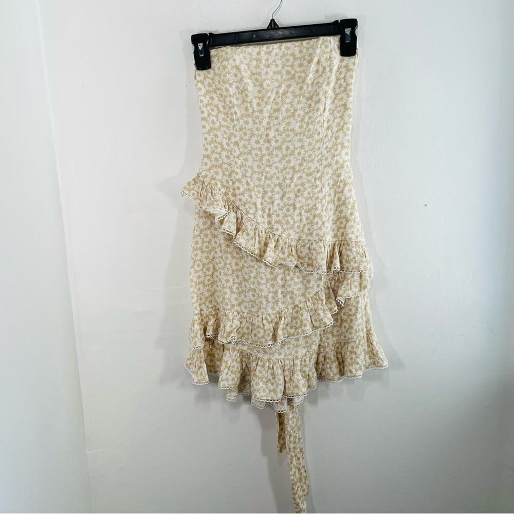 Sundays Cream White Ditsy Floral Strapless Ruffle Tie Back Mini Dress Small